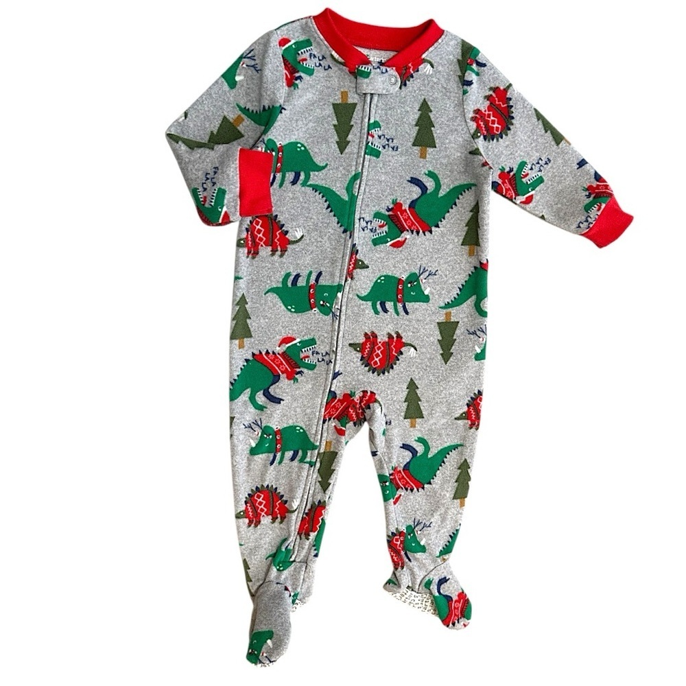 Carter's Christmas Dinosaur Fleece Zip Footie Pajamas 12 Months Baby Boy One Pc